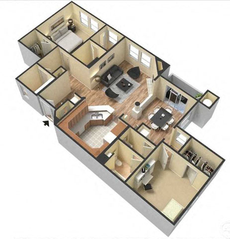 Floor plan for 2 beds, 2 baths, 1128 sqft